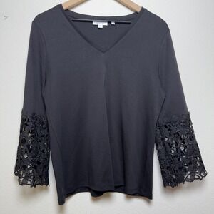 Chico's Women Cotton Top Medium Black V-Neck Lace Crochet Bell Sleeve Blouse
